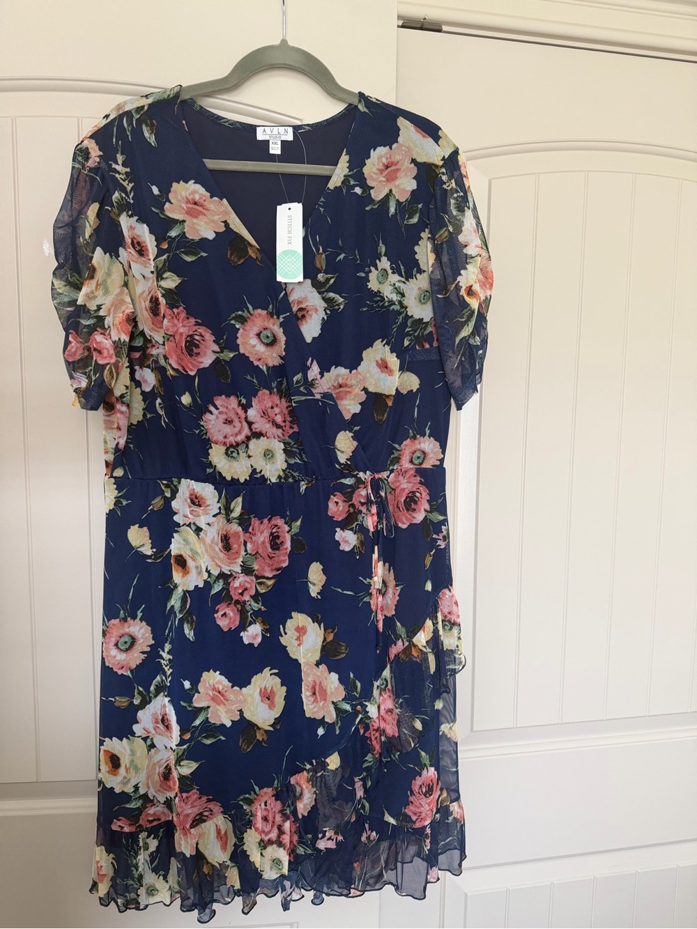 Navy Floral Wrap Dress - Pink Floral Print